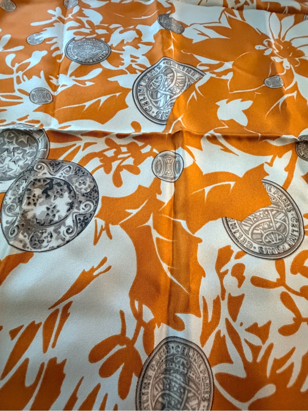 Celine Silk Scarf Orange & White Print with COA - Picture 8 of 8